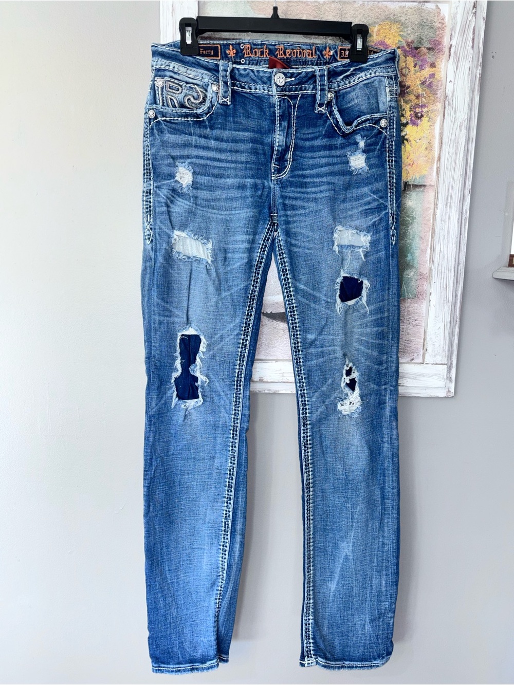 Rock Revival "Ferry" Distressed Jeans Sz 30 Mid Rise Straight Leg Embellishment